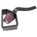 K&N 57 Series cold air intake kit with black HDPE tube, heat shield, and red conical oiled cotton filter.