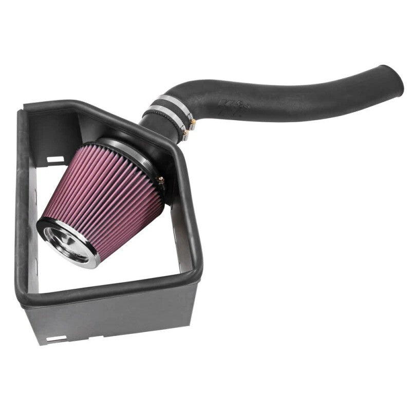 K&N 57 Series cold air intake kit with black HDPE tube, heat shield, and red conical oiled cotton filter.