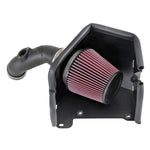 K&N 63-5506 AirCharger intake system with black HDPE tube, conical red filter, and custom heat shield.