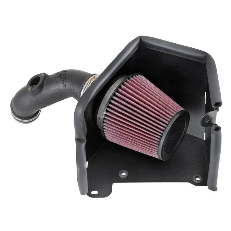 K&N 63-5506 AirCharger intake system with black HDPE tube, conical red filter, and custom heat shield.