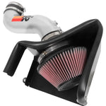 Silver K&N Typhoon short ram intake with mandrel-bent aluminum tube, red conical filter, and black heat shield.