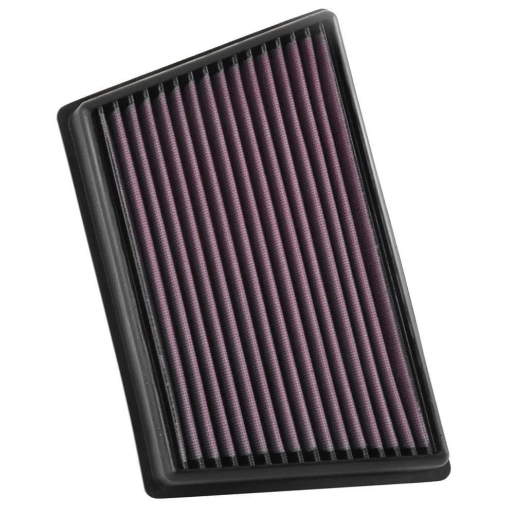 K&N 33-3073 red oiled cotton replacement air filter in a black rectangular frame.