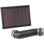 K&N 57-Series performance air intake kit with red oiled cotton filter and black intake tube for Toyota V6-4.0L engines.