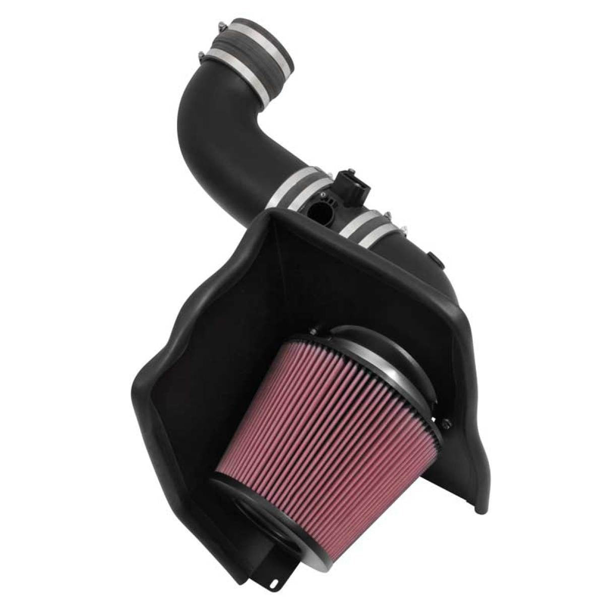 K&N AirCharger intake system featuring a black HDPE tube, heat shield, and red conical oiled cotton filter.