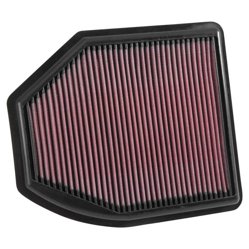 K&N 33-5035 drop-in replacement high-flow air filter featuring pleated red oiled cotton gauze media.
