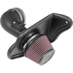 K&N 57 Series FIPK intake kit featuring a black HDPE tube, heat shield, and red oiled cotton conical air filter.