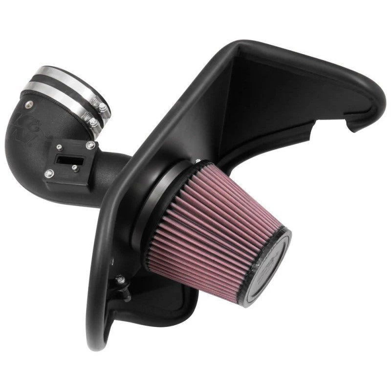 K&N AirCharger performance air intake system with black HDPE tube and red conical air filter for 2.0L Chevy Camaro.