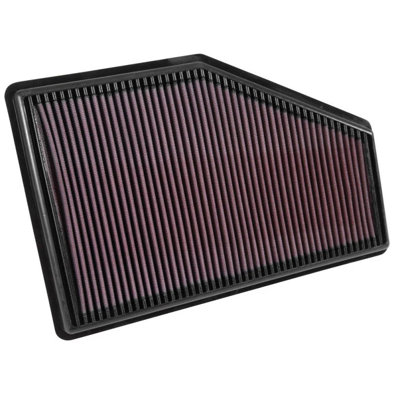 K&N 33-5049 High-Flow replacement air filter with red oiled cotton media and black flexible frame.