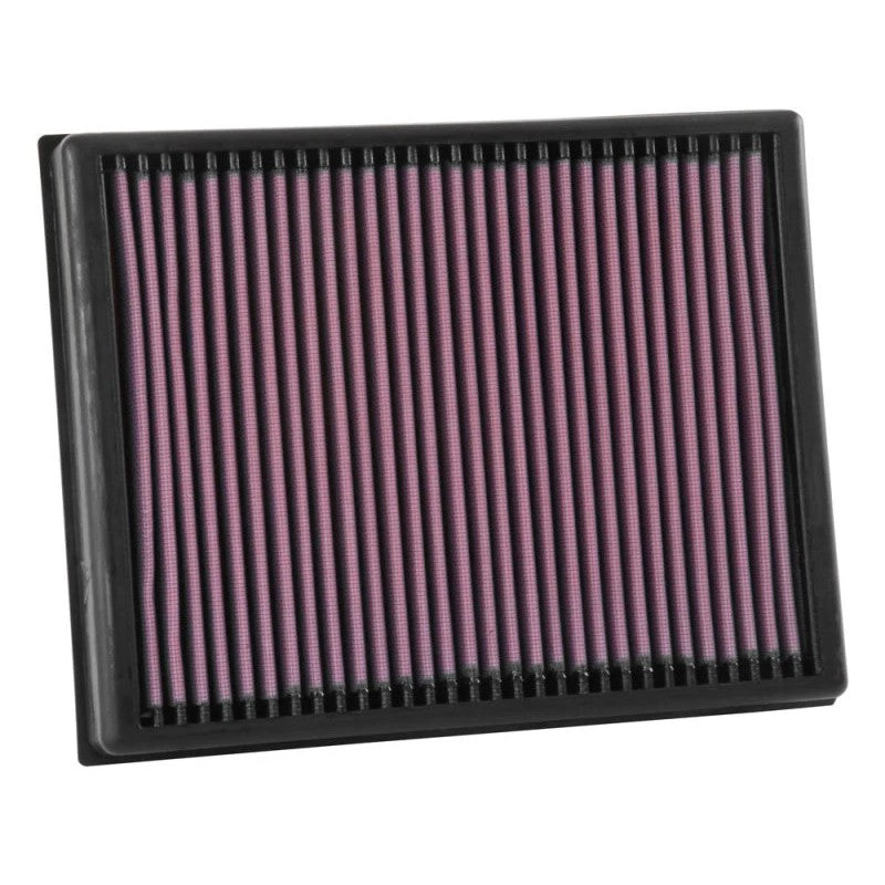 K&N 33-3086 high-flow drop-in replacement air filter with red oiled cotton media and a black rubber perimeter seal.