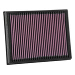 K&N 33-3086 high-flow drop-in replacement air filter with red oiled cotton media and a black rubber perimeter seal.