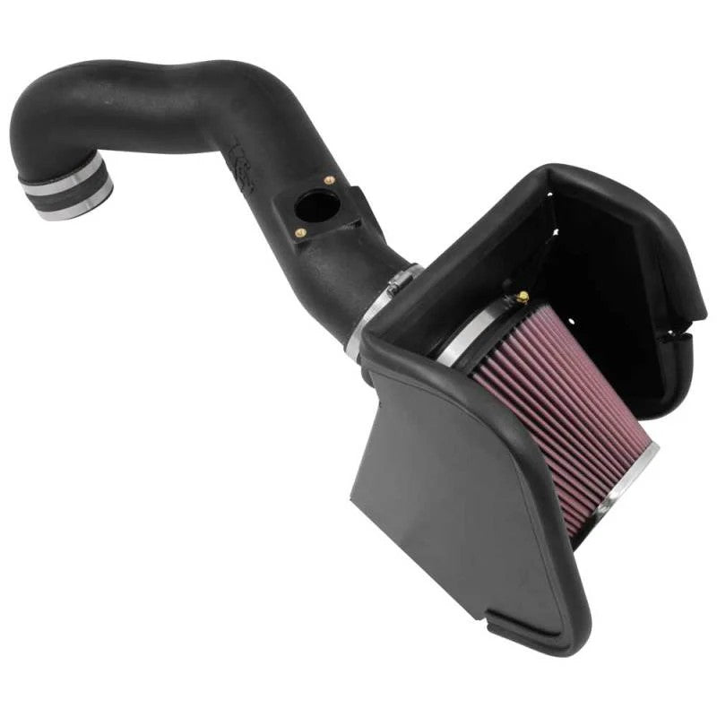 K&N 63 Series AirCharger intake kit with black HDPE tube and conical air filter for 2016-2018 Nissan Titan XD.