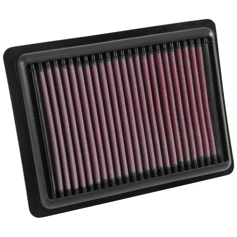 K&N 33-5043 rectangular drop-in air filter with red oiled cotton media and black frame for Chevrolet Spark