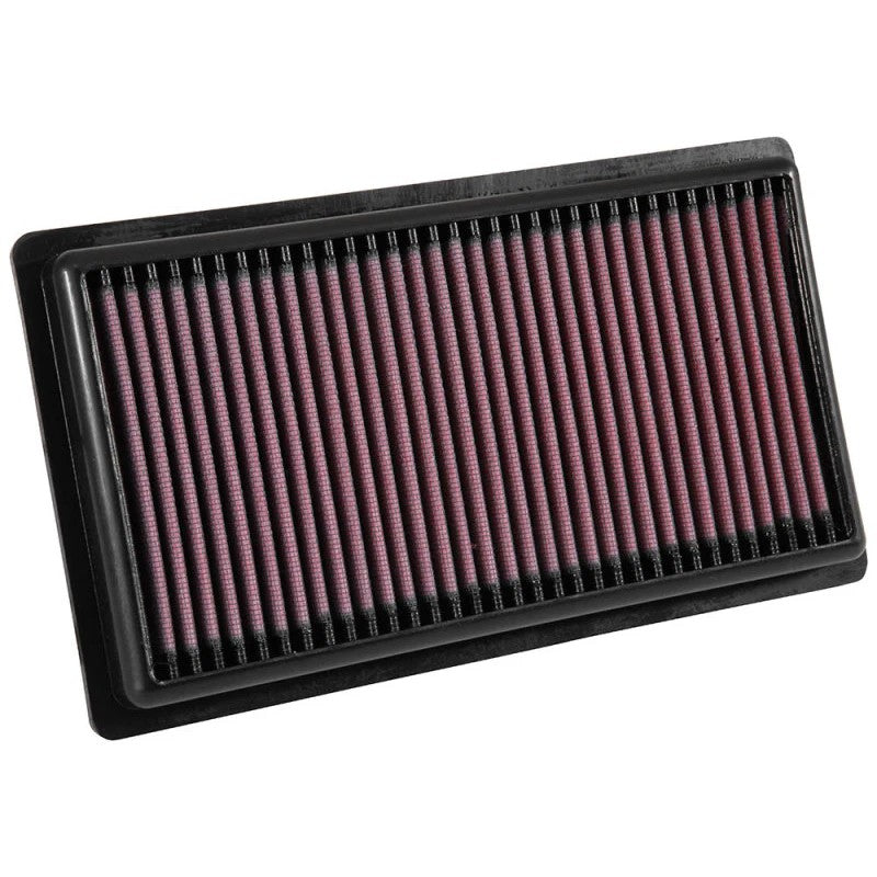 K&N 33-3080 replacement high-flow air filter with red pleated oiled cotton media and black flexible frame.