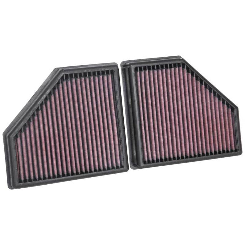 K&N 33-5086 high-flow drop-in air filter with red oiled cotton media and a durable black frame for BMW engines.