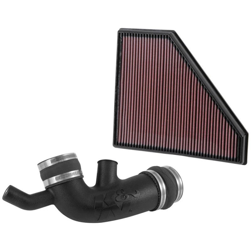 K&N 57-3094 FIPK air intake kit featuring an aerodynamic intake tube and red oiled cotton gauze high-flow air filter.