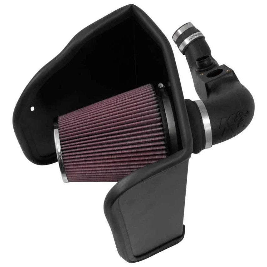 K&N 57 Series performance intake system featuring a black HDPE tube, oiled cotton conical filter, and custom heat shield.