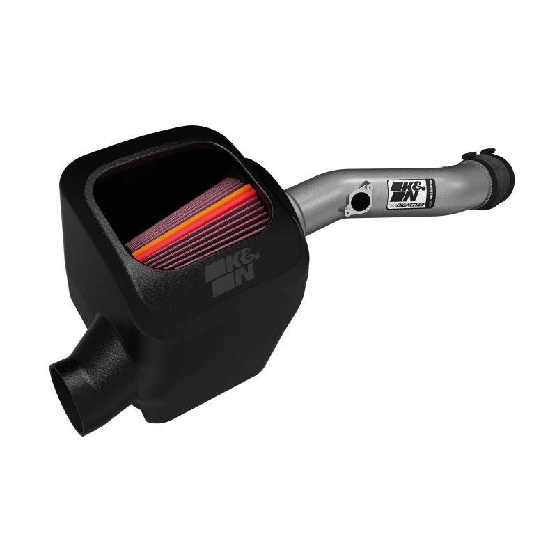 K&N NextGen aluminum cold air intake kit with silver 6063 tube, black air box, and red oiled cotton filter