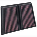 K&N 33-5085 rectangular replacement panel air filter with red pleated oiled cotton media and black rubber frame