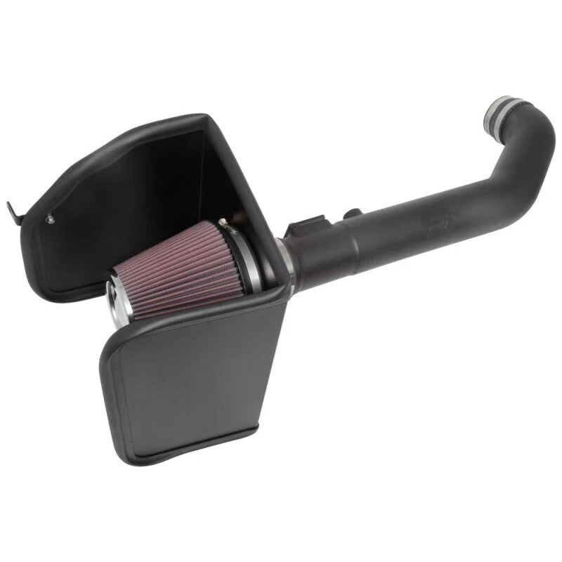 K&N AirCharger cold air intake system 63-3104 with black HDPE tube and red oiled cotton conical air filter