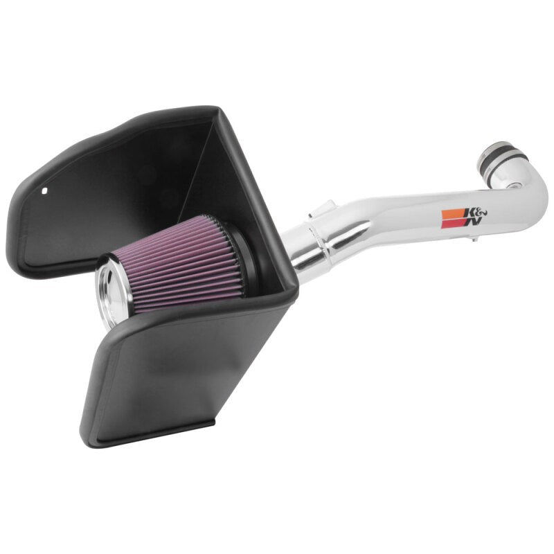 K&N performance air intake kit featuring a mandrel-bent aluminum tube, red conical filter, and black heat shield.
