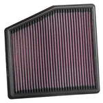 K&N 33-5061 high-flow replacement air filter with red pleated oiled cotton media and black rubber frame.