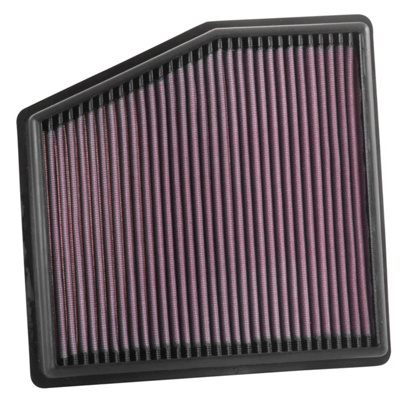 K&N 33-5061 high-flow replacement air filter with red pleated oiled cotton media and black rubber frame.