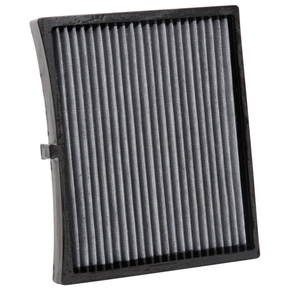 K&N VF2059 washable synthetic cabin air filter with white pleated media and a black frame.