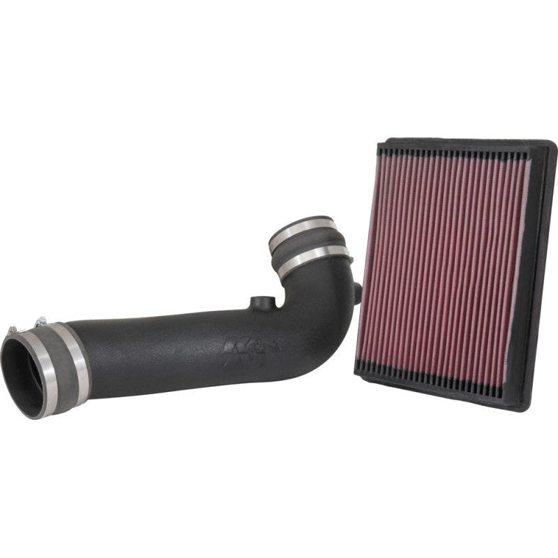 K&N 57-3098 FIPK air intake system showing the high-density polyethylene tube and washable high-flow air filter.