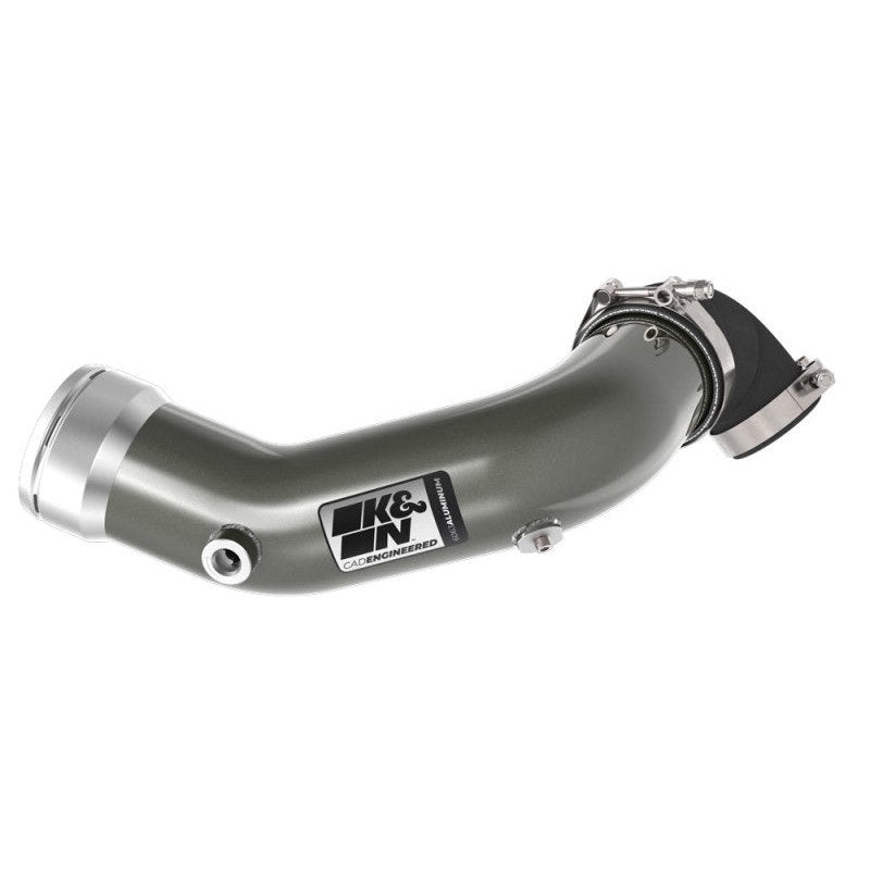 K&N gunmetal gray mandrel-bent aluminum charge pipe kit for 2017-2025 Ford F-250 and F-350 Super Duty 6.7L engines.