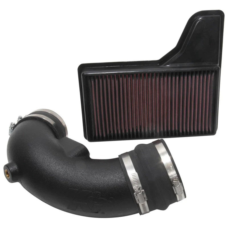 K&N 57 Series FIPK intake kit with black high-airflow tube and red oiled cotton filter for 2018-2021 Mustang GT