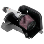 K&N Typhoon silver powder-coated aluminum intake tube with red conical air filter and black heat shield.