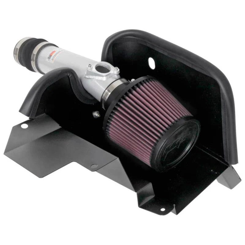 K&N Typhoon silver powder-coated aluminum intake tube with red conical air filter and black heat shield.