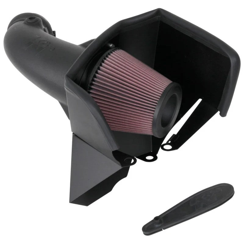 K&N AirCharger performance intake system with black HDPE tube, conical red air filter, and custom metal heat shield.