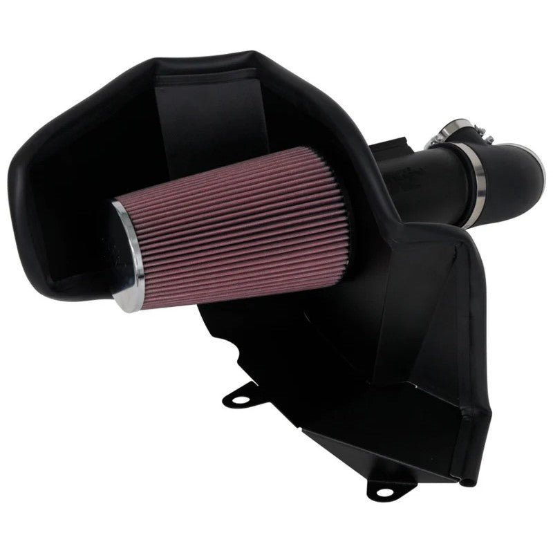 K&N 63-3115 AirCharger intake system with black HDPE tube, conical red oiled air filter, and custom heat shield.