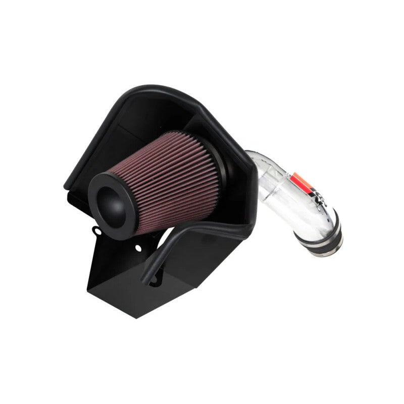 K&N 77-1583KP performance intake kit with polished aluminum tube and red oiled cotton air filter for Ram trucks.