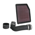 K&N 57 Series FIPK air intake kit featuring a CAD-designed intake tube and a red oiled cotton air filter.