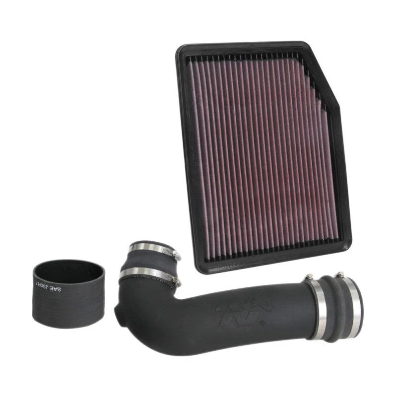 K&N 57 Series FIPK air intake kit featuring a CAD-designed intake tube and a red oiled cotton air filter.