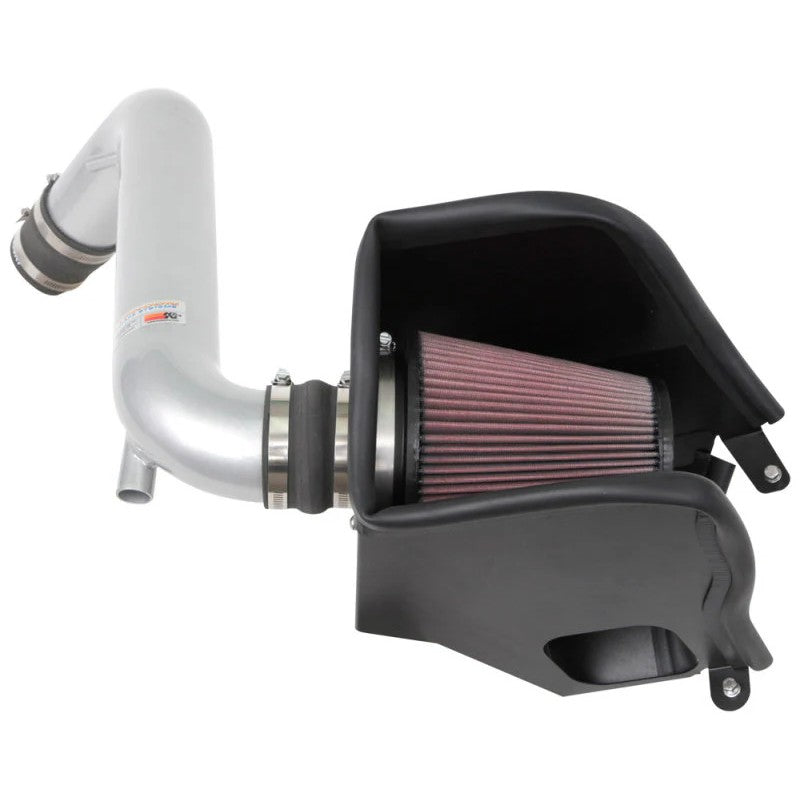 K&N Typhoon Performance Air Intake 69-5323TS with silver mandrel-bent aluminum tube and red conical oiled air filter.