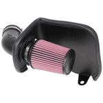 K&N AirCharger intake system featuring a black HDPE tube, custom heat shield, and red conical oiled cotton filter.