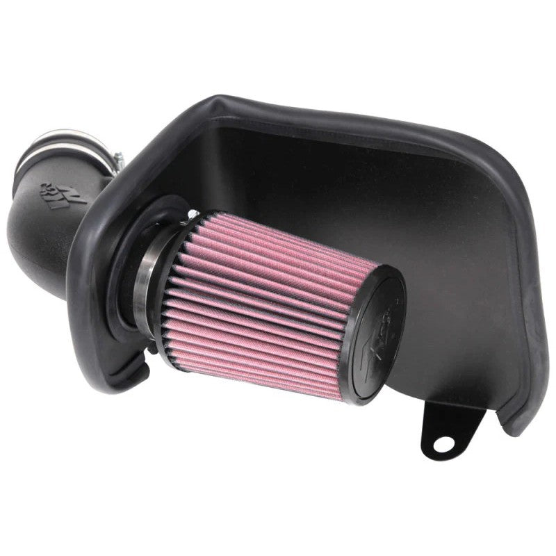 K&N AirCharger intake system featuring a black HDPE tube, custom heat shield, and red conical oiled cotton filter.