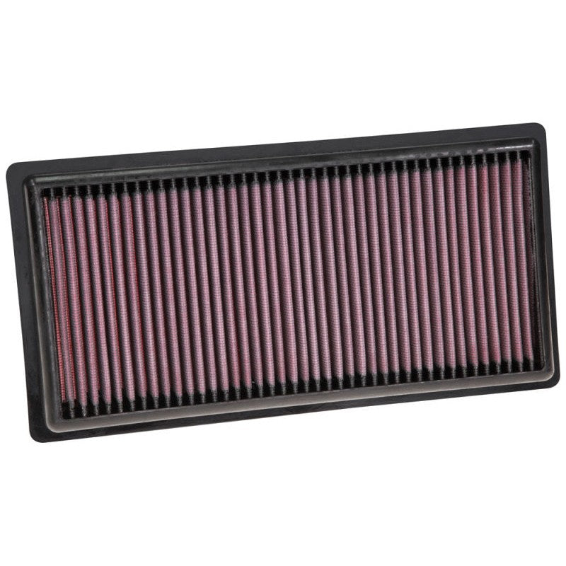 K&N 33-5101 high-flow replacement air filter with red pleated oiled cotton media and black flexible frame.
