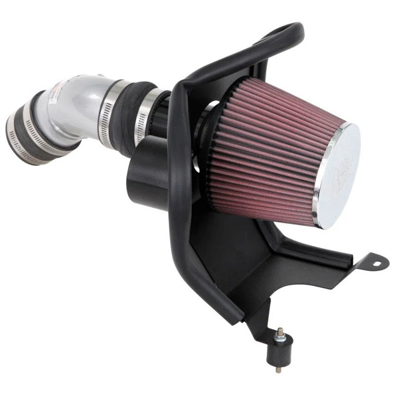K&N Typhoon Performance Air Intake featuring a silver powder-coated aluminum tube, high-flow cone filter, and heat shield.