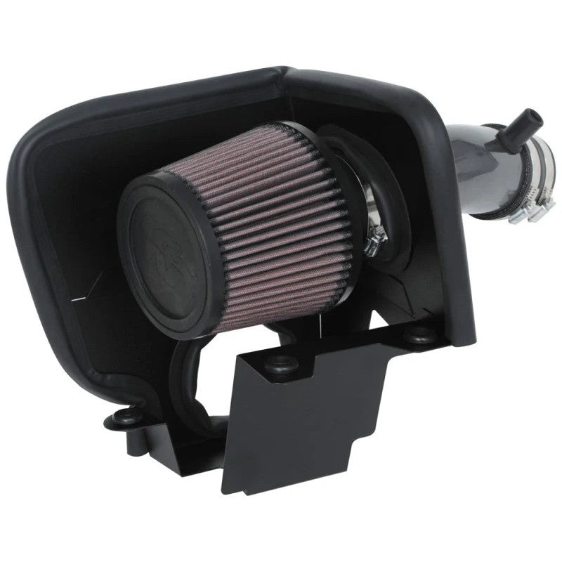 K&N Typhoon air intake system featuring a mandrel-bent aluminum intake tube and silver conical air filter.