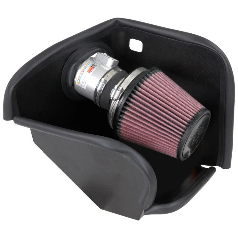 K&N Typhoon short ram intake system with silver mandrel-bent aluminum tube and red conical air filter for Nissan Altima