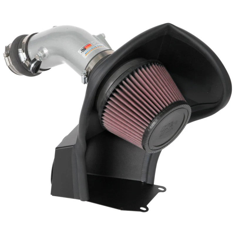 K&N Typhoon short ram intake system featuring a silver mandrel-bent aluminum tube and red conical high-flow air filter.