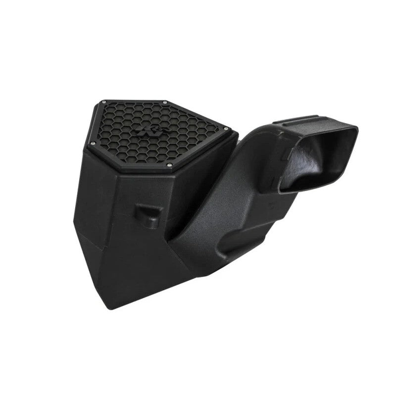 K&N 63-1584 AirCharger intake system with black HDPE tube, enclosed air box, and red oiled cotton conical filter.