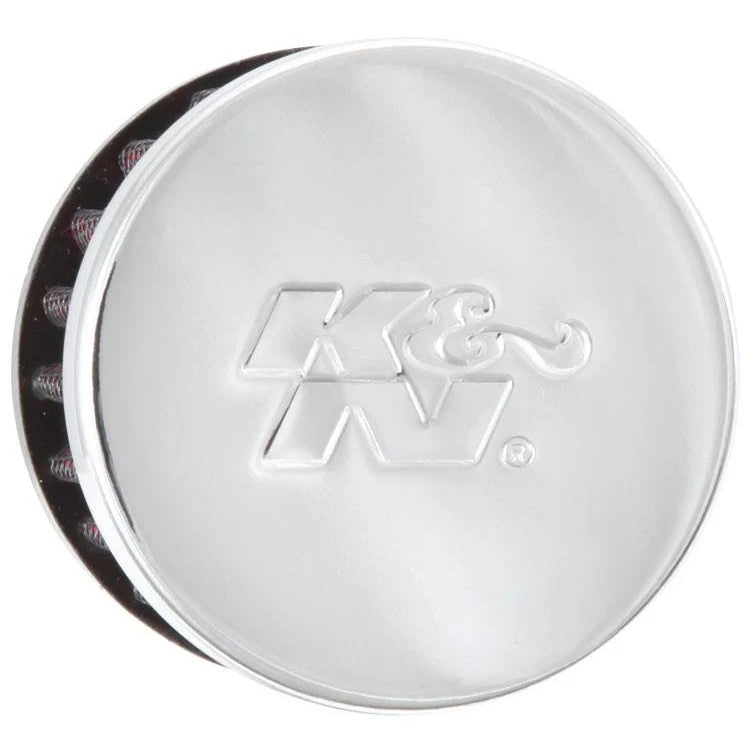 K&N 62-1370 crankcase vent filter with chrome-plated steel top and 1-inch ID rubber base flange.