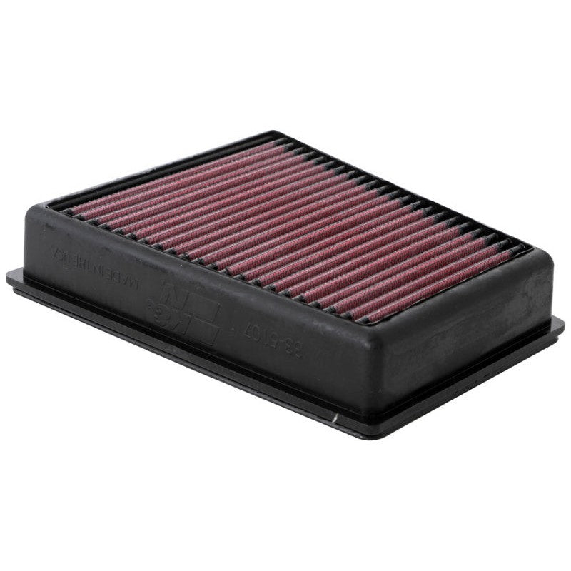 K&N 33-5107 high-flow drop-in air filter with pleated red oiled cotton media and black flexible frame.
