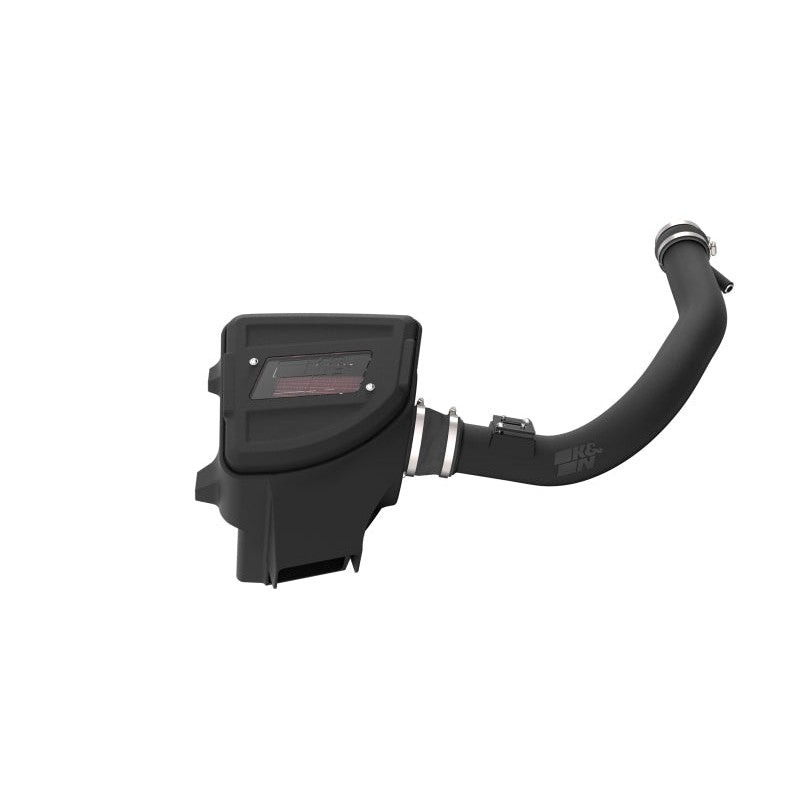 K&N air intake system with black HDPE tube, heat shield, and red oiled cotton air filter for 3.0L Ram Diesel.