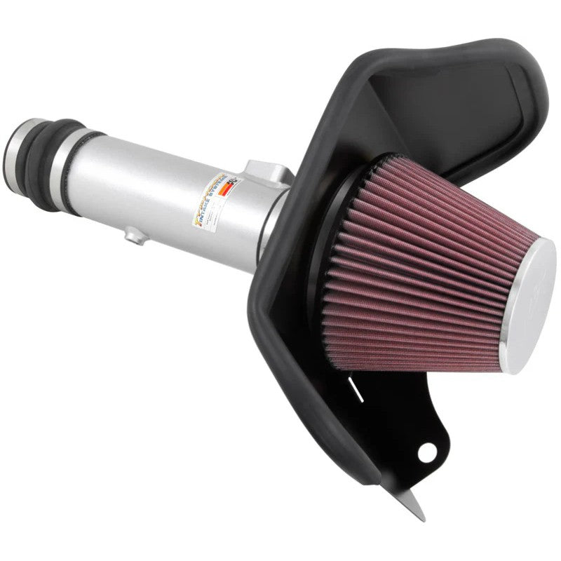 K&N 69 Series Typhoon cold air intake 69-4526TS with silver aluminum tube, heat shield, and red conical air filter